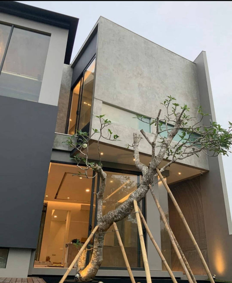 Grey façade wall rising above a glazed entrance