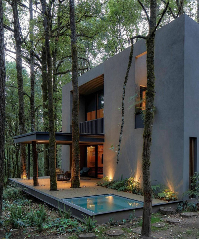 Dark grey house façade and small pool among trees